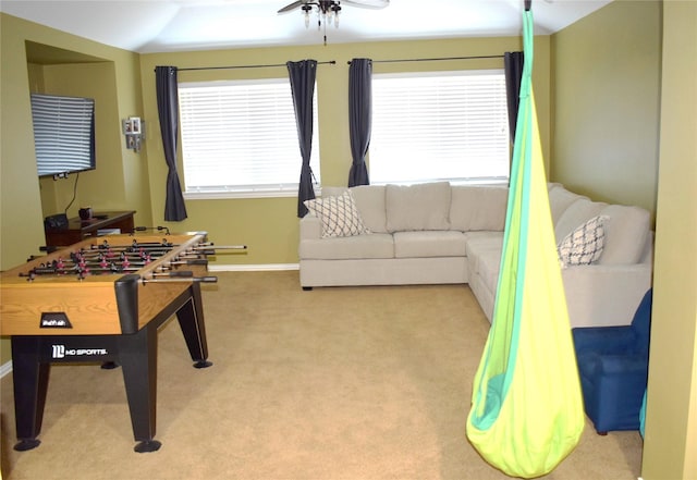 playroom featuring carpet floors and ceiling fan