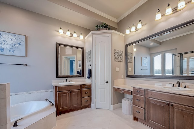 bathroom with crown molding, tile patterned floors, shower with separate bathtub, and vanity