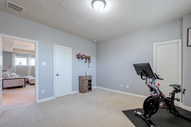 exercise area featuring light colored carpet and a textured ceiling