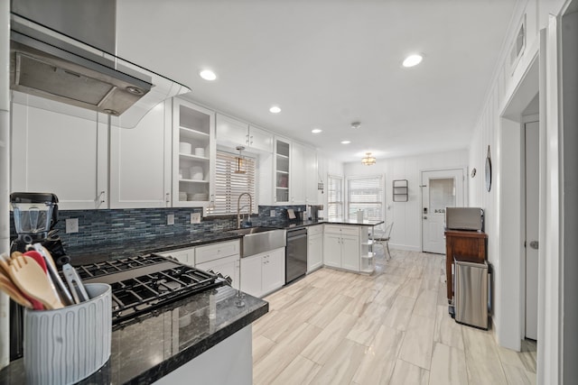 kitchen featuring sink, dishwasher, white cabinetry, decorative backsplash, and dark stone counters