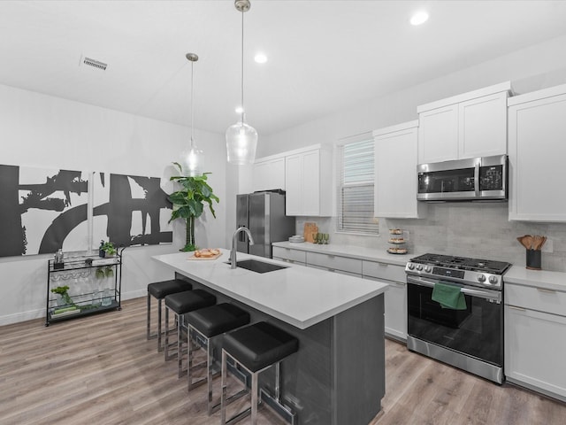 kitchen with sink, stainless steel appliances, white cabinets, and a center island with sink