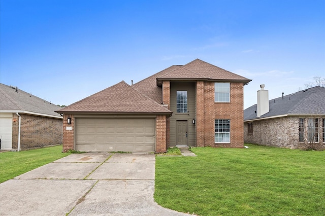 view of property featuring a garage and a front yard