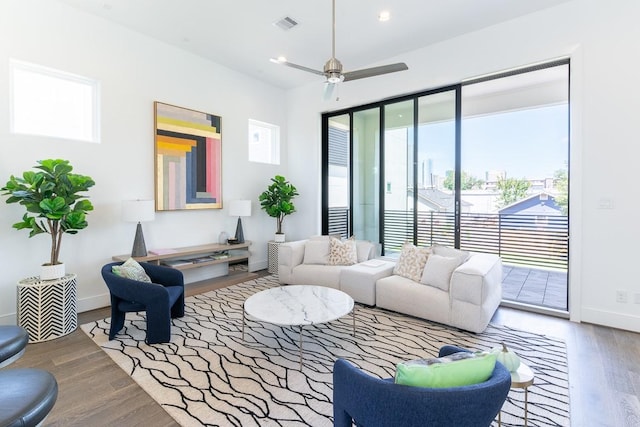 living room with ceiling fan and wood-type flooring