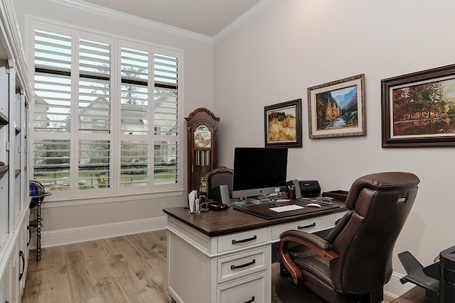 office space with crown molding and light hardwood / wood-style flooring