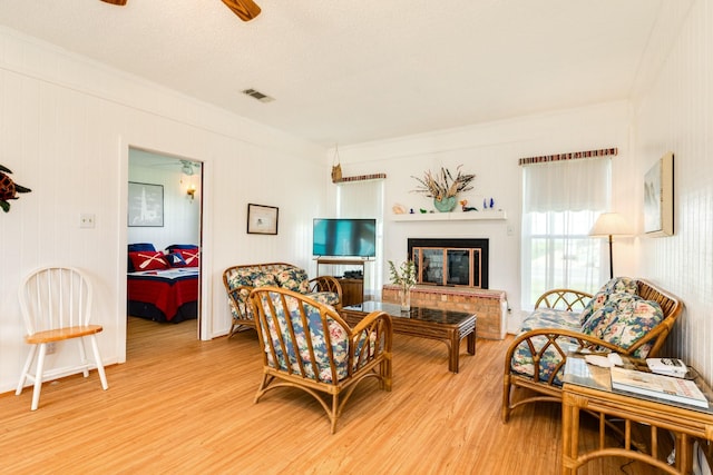 living room featuring light hardwood / wood-style floors and ceiling fan