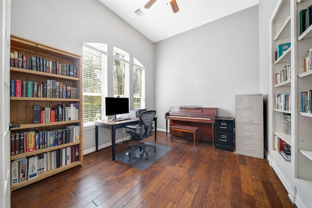 office featuring ceiling fan, lofted ceiling, and dark hardwood / wood-style floors