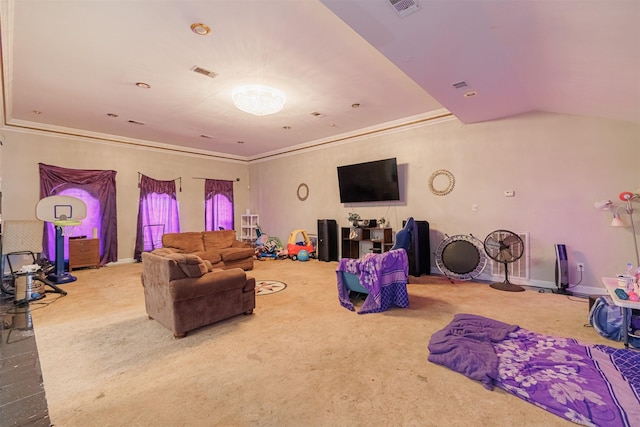 living room with ornamental molding, vaulted ceiling, and carpet floors