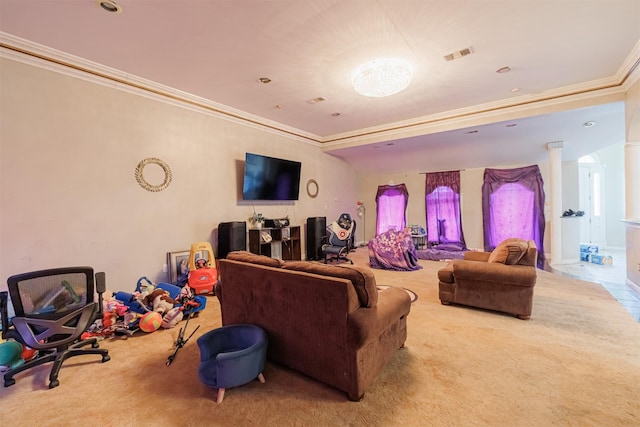 carpeted living room featuring crown molding