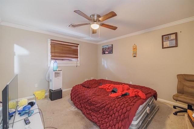 bedroom with crown molding and carpet