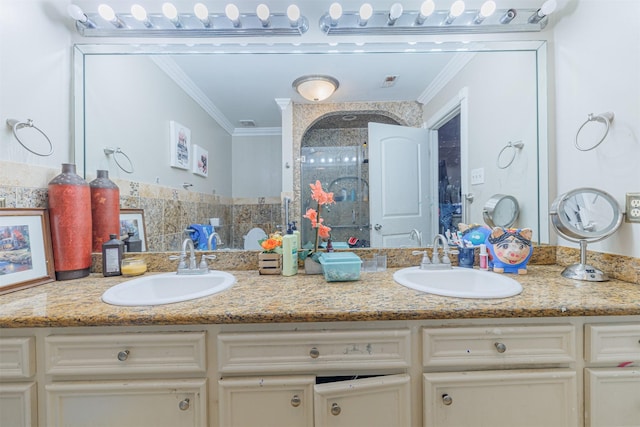 bathroom featuring vanity, ornamental molding, and walk in shower