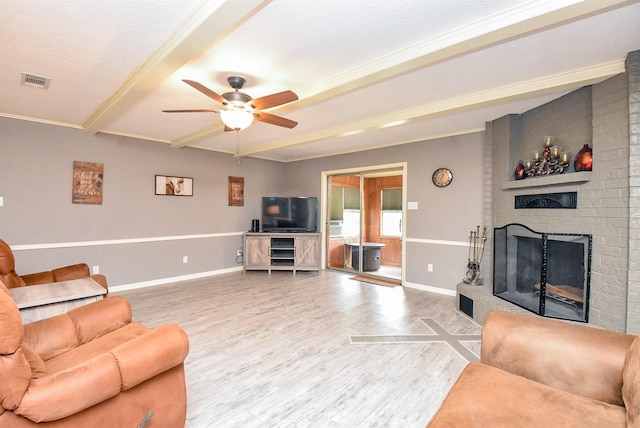 living area featuring a fireplace, wood finished floors, visible vents, baseboards, and beamed ceiling