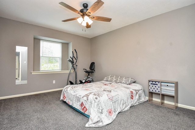 bedroom featuring carpet floors, ceiling fan, and baseboards