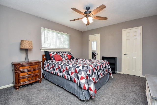 bedroom featuring carpet floors, a ceiling fan, and baseboards