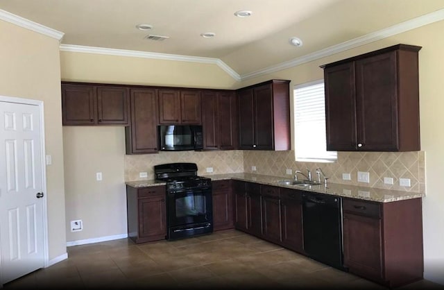 kitchen featuring sink, decorative backsplash, ornamental molding, black appliances, and light stone countertops