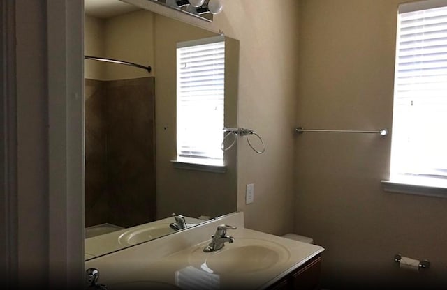 bathroom with vanity, plenty of natural light, and walk in shower