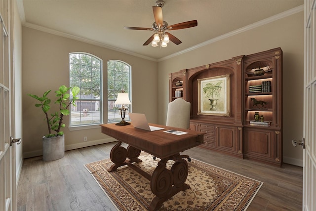 office area featuring ceiling fan, ornamental molding, and wood-type flooring