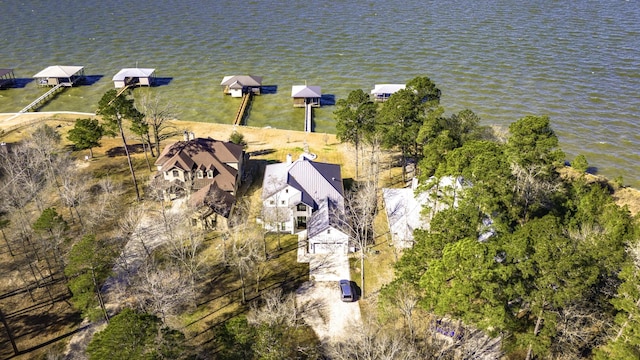 drone / aerial view featuring a water view