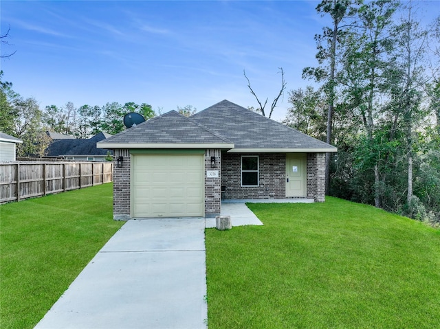 ranch-style house with a garage and a front yard