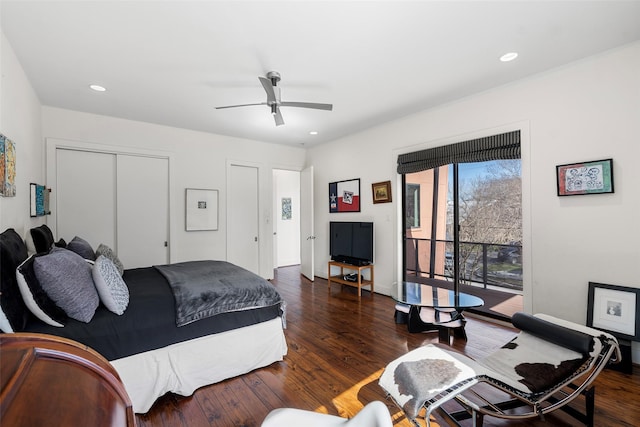 bedroom featuring ceiling fan, dark hardwood / wood-style floors, a closet, and access to outside