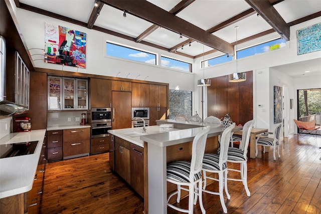 kitchen with a center island with sink, appliances with stainless steel finishes, dark hardwood / wood-style floors, pendant lighting, and beam ceiling