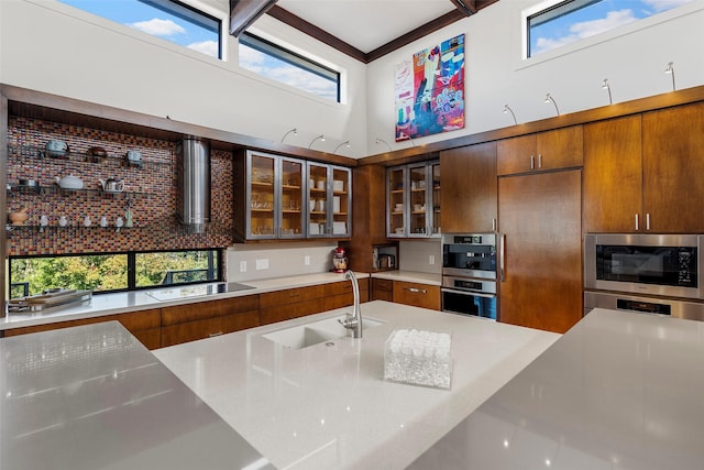 kitchen featuring stainless steel appliances, a high ceiling, sink, and wall chimney exhaust hood