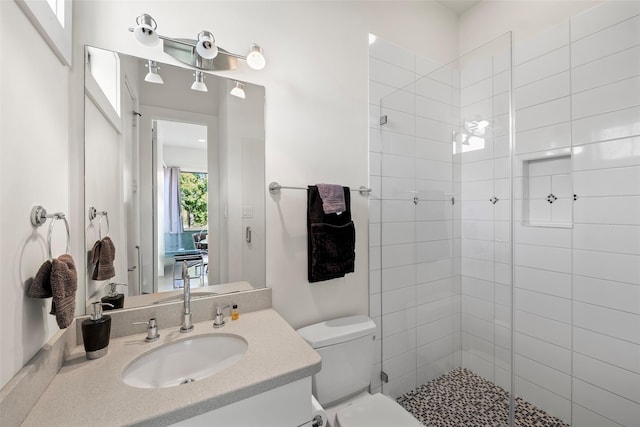 bathroom with vanity, toilet, and a shower with shower door