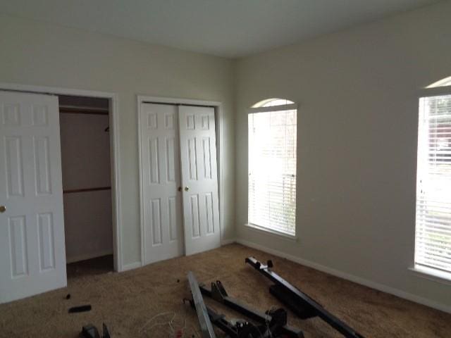 carpeted bedroom featuring multiple closets and multiple windows