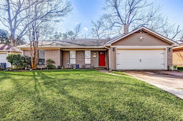 single story home with a garage and a front lawn