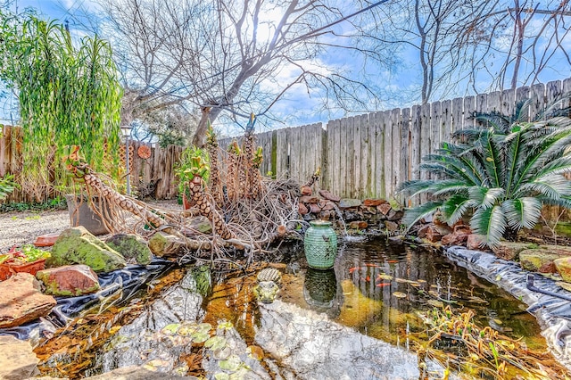 view of yard featuring a small pond