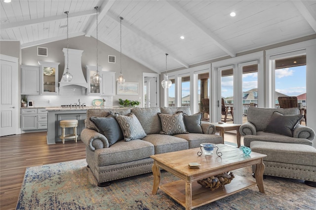 living room with wood ceiling, dark wood-type flooring, high vaulted ceiling, and beamed ceiling