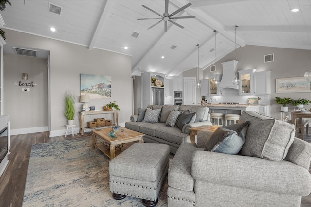 living room featuring high vaulted ceiling, beamed ceiling, dark hardwood / wood-style flooring, ceiling fan, and wood ceiling