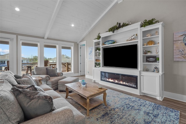 living room featuring wood ceiling, vaulted ceiling with beams, and hardwood / wood-style flooring