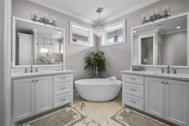 bathroom featuring ornamental molding, plus walk in shower, and vanity