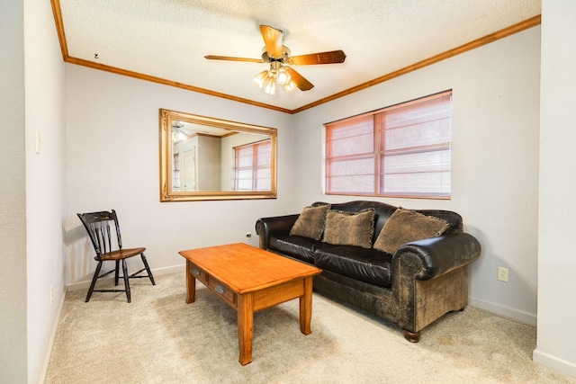 living room with light carpet, crown molding, and a textured ceiling