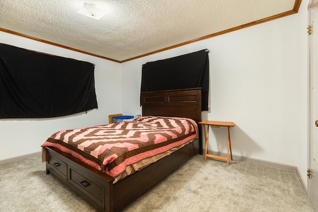 carpeted bedroom with crown molding and a textured ceiling