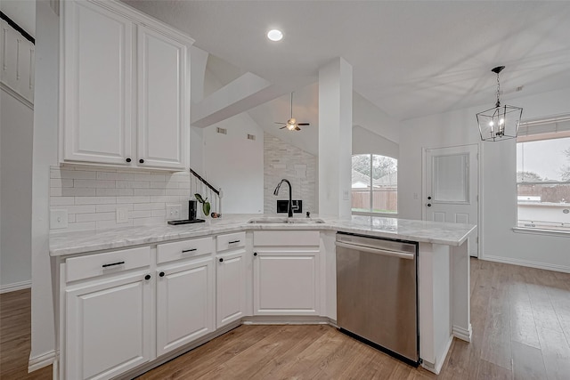 kitchen featuring lofted ceiling, sink, stainless steel dishwasher, kitchen peninsula, and white cabinets