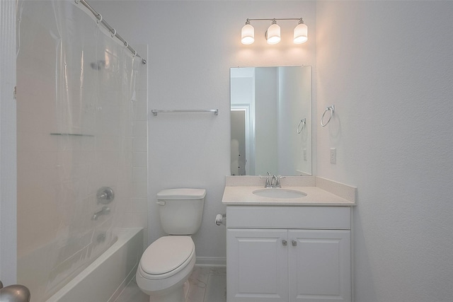 full bathroom with vanity, shower / bath combination with curtain, and toilet