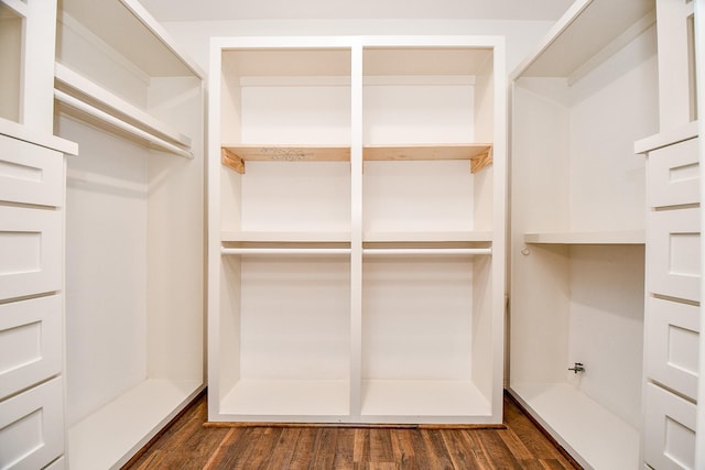 walk in closet with dark wood-type flooring