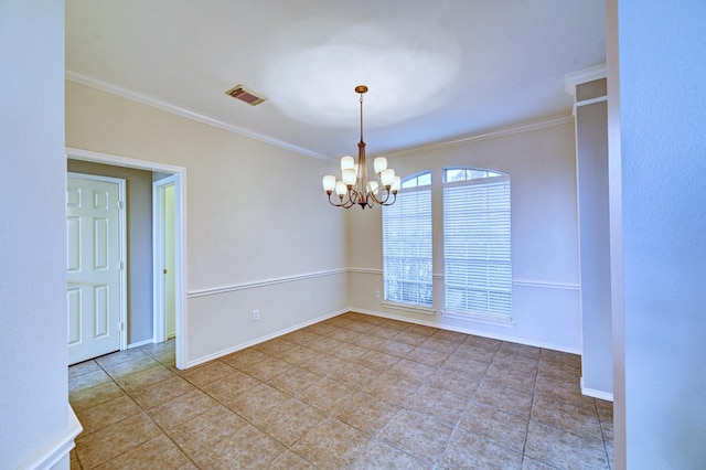 tiled spare room with crown molding and an inviting chandelier