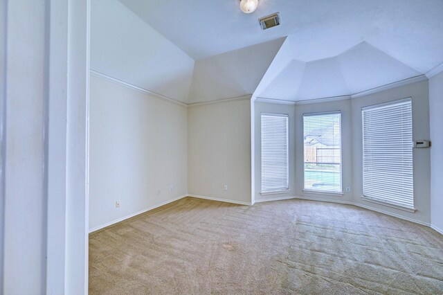 additional living space featuring lofted ceiling and light carpet