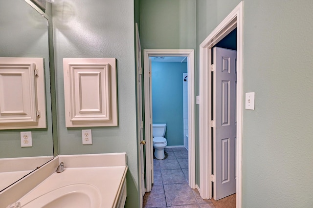 bathroom featuring vanity, toilet, and tile patterned flooring