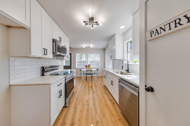 kitchen featuring white cabinetry, sink, decorative backsplash, stainless steel appliances, and light wood-type flooring