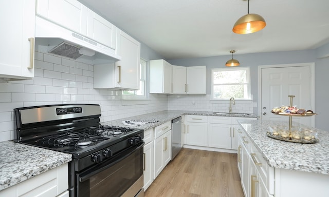 kitchen featuring white cabinets, sink, gas stove, and dishwasher