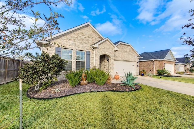 view of front of property with a garage and a front lawn