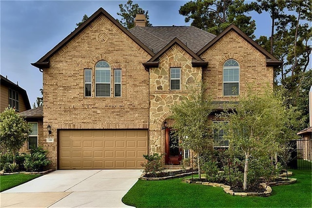 view of front of property featuring a garage and a front lawn