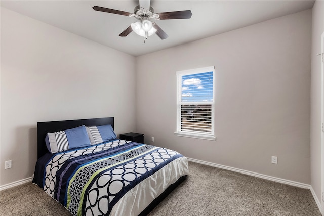 bedroom featuring light carpet and ceiling fan