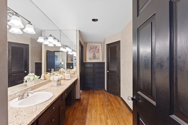 bathroom with vanity and hardwood / wood-style flooring