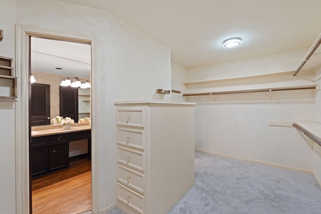 walk in closet featuring light colored carpet