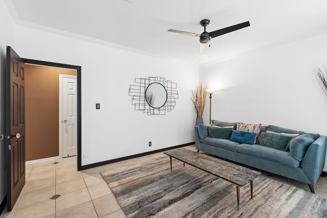 living room featuring crown molding, light tile patterned floors, and ceiling fan