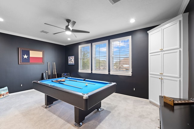 rec room with crown molding, light carpet, ceiling fan, and pool table